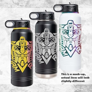 May include: Three stainless steel water bottles with a graphic of a robot head on each. The bottles are black, white, and a gradient of blue, pink, and purple. The text "AM WE R" is on each bottle.