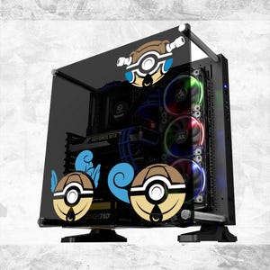 May include: A black computer case with a tempered glass side panel. The case has RGB lighting and is decorated with Pokemon character stickers. The stickers are of Squirtle, Wartortle, and Blastoise.