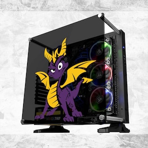 May include: A black computer tower case with a transparent side panel featuring a graphic of a purple and yellow dragon. The interior contains three circular cooling fans with multi-colored LED lighting and a power supply unit labeled RGB 750.
