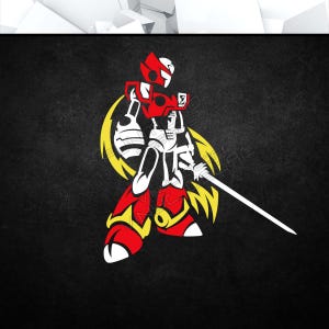 May include: A stylized illustration of a red, white, and yellow robot character with a sword, set against a black background. The robot has a dynamic pose, with a yellow energy effect behind it.