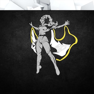 May include: A gray silhouette of a woman with long hair, wearing a cape with a yellow border, in a superhero pose with arms outstretched.