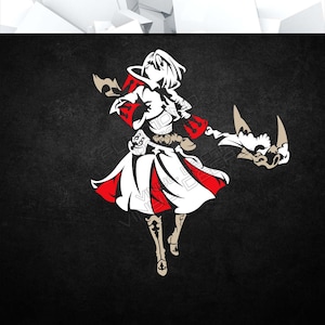 Puede incluir: Una ilustración estilizada en blanco y rojo de un personaje femenino con cabello blanco corto, vistiendo una túnica blanca y roja, sosteniendo un bastón con una cabeza de pájaro blanca en la parte superior. El personaje está de pie sobre un fondo negro.