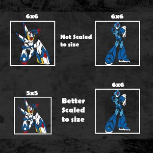 K&ouml;nnte beinhalten: Vier quadratische Bilder auf dunklem Hintergrund. Zwei Bilder zeigen einen Roboter in Wei&szlig;, Blau, Rot und Gelb. Die anderen beiden zeigen einen blauen Roboter. Text lautet "Not scaled to size" und "Better scaled to size".