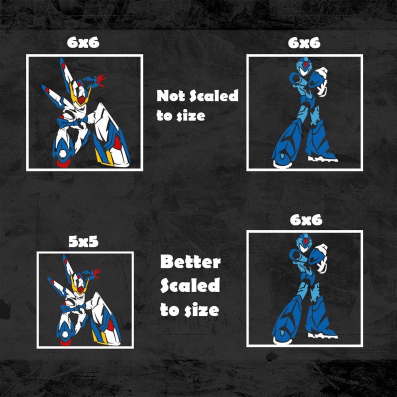 K&ouml;nnte beinhalten: Vier quadratische Bilder auf dunklem Hintergrund. Zwei Bilder zeigen einen Roboter in Wei&szlig;, Blau, Rot und Gelb. Die anderen beiden zeigen einen blauen Roboter. Text lautet "Not scaled to size" und "Better scaled to size".