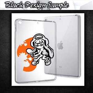 May include: A clear plastic case for an iPad with a black and white design of a cartoon character with headphones and a weapon. The character is standing on an orange background with white splatters.