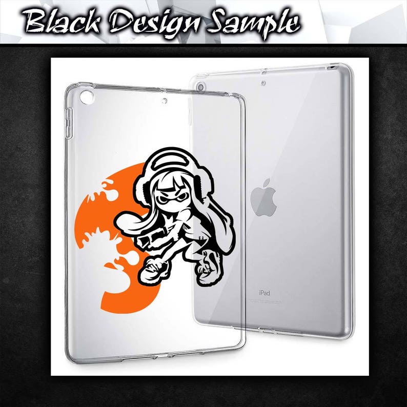 May include: A clear plastic case for an iPad with a black and white design of a cartoon character with headphones and a weapon. The character is standing on an orange background with white splatters.