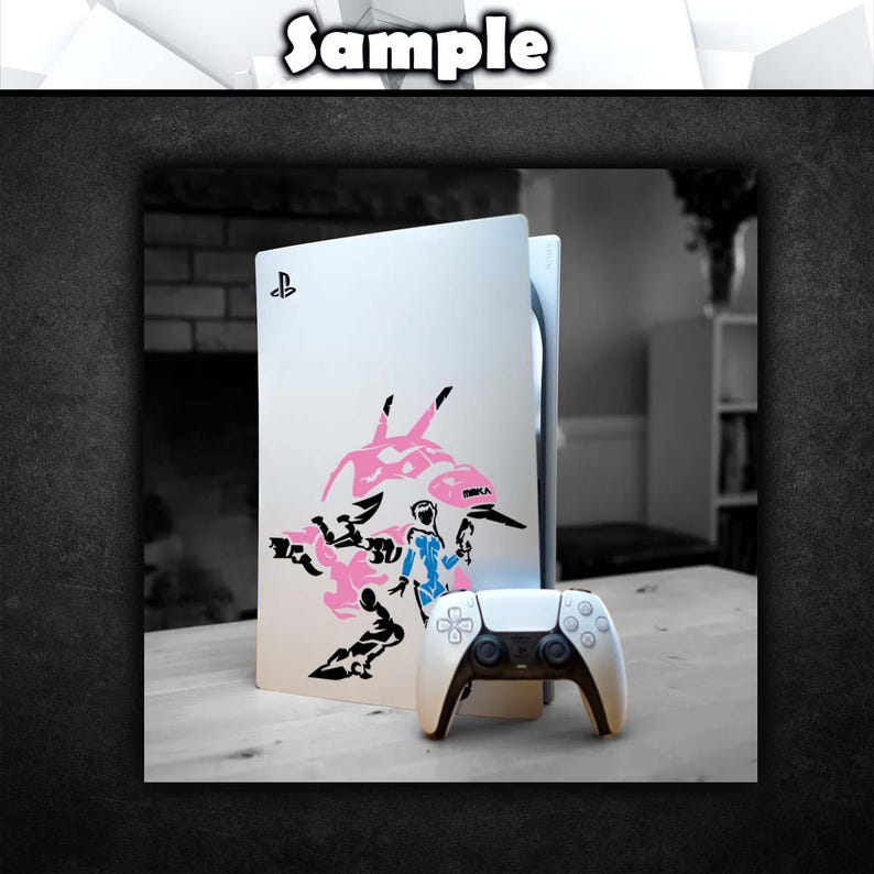May include: A white PlayStation 5 console featuring a pink and blue graphic decal of a character and a mecha robot on the front panel, accompanied by a matching white and black wireless controller positioned directly in front of the console unit.