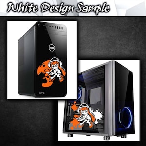 May include: Two black computer towers with custom designs. The tower on the left has a white and orange design with the text "DELL" and "XPS". The tower on the right has a blue and white design with a character from the video game Splatoon.
