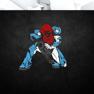 May include: A blue and red stylized illustration of a robot in a crouching pose. The robot has a red head and torso, and blue arms and legs.