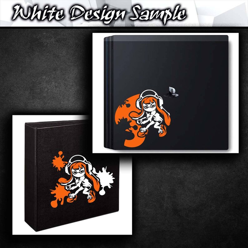 May include: Two black video game console covers with orange and white ink splatters and a cartoon character. The character is a girl with orange hair and a white shirt. She is holding a weapon and is in a fighting pose.