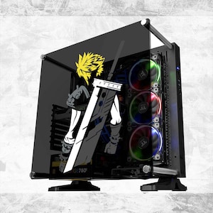 May include: Black computer case with a tempered glass side panel featuring a white illustration of a character with yellow hair and a large sword. The case has three fans with colorful LED lights.