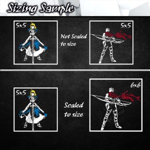 May include: A sizing sample for a digital design featuring two characters. The first character is a woman with blonde hair holding a sword. The second character is a man with brown hair holding a bow and arrow. The text "5x5" and "6x6" are shown in the image. The text "Not Scaled to size" and "Scaled to size" are also shown in the image.