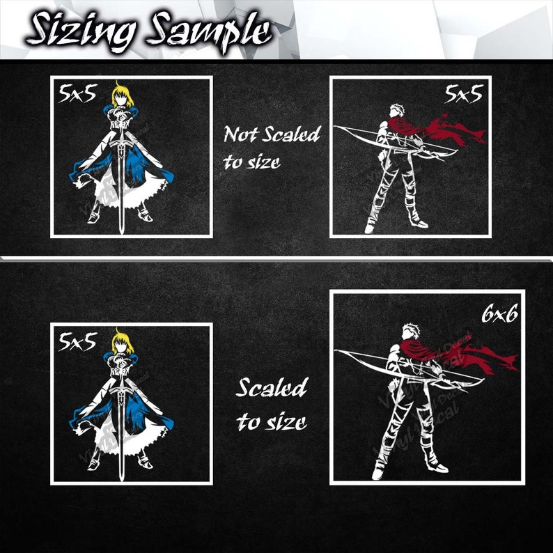 May include: A sizing sample for a digital design featuring two characters. The first character is a woman with blonde hair holding a sword. The second character is a man with brown hair holding a bow and arrow. The text "5x5" and "6x6" are shown in the image. The text "Not Scaled to size" and "Scaled to size" are also shown in the image.