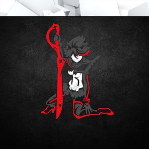 May include: Black and white silhouette of a female anime character kneeling with a large red scissor blade. The character is wearing a black outfit with a white chest piece and a red headband.