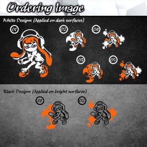 May include: Five white and two black designs of a cartoon character with orange ink splatters. The character is wearing a headband and has large eyes. The designs are numbered 01 through 05.