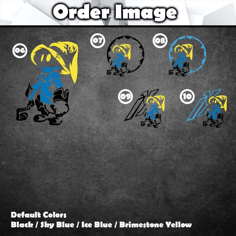K&ouml;nnte beinhalten: Ein Bild mit dem Text "Order Image" oben. Das Bild zeigt mehrere Variationen eines Charakterdesigns in Schwarz, Himmelblau, Eisblau und Schwefelgelb. Die Standardfarben sind unter den Designs aufgef&uuml;hrt.