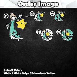 May include: Five different variations of a character from a video game. The character is a female with a crown, a long teal dress, and a yellow star. The character is holding a wand and a yellow star. The background is black.