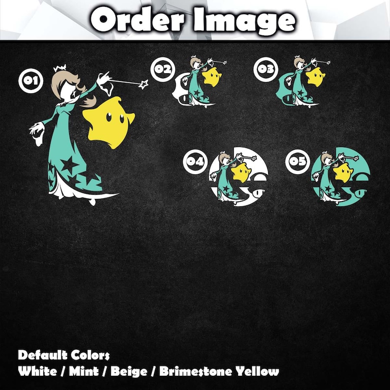 May include: Five different variations of a character from a video game. The character is a female with a crown, a long teal dress, and a yellow star. The character is holding a wand and a yellow star. The background is black.