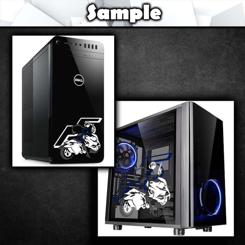 May include: A black computer tower with a white graphic of a person riding a motorcycle. The tower has a clear side panel that shows the inside of the computer, including a blue LED fan.