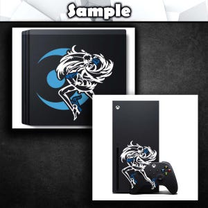 May include: A black Xbox Series X console with a white and blue graphic design of a woman with wings. The design is on both the console and the controller.