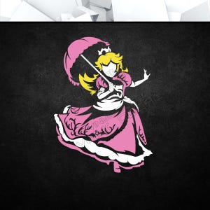 Puede incluir: Una silueta rosa y blanca de un personaje de princesa sosteniendo un paraguas. El personaje lleva una corona y un vestido con estampado floral.