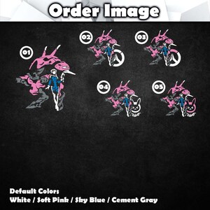 May include: Five vinyl decal designs featuring a character in a blue suit standing before a pink and gray mechanical figure. Each design is numbered 01 through 05, with variations including a circular logo, a rabbit icon, and text. Default colors are white, soft pink, sky blue, and cement gray.