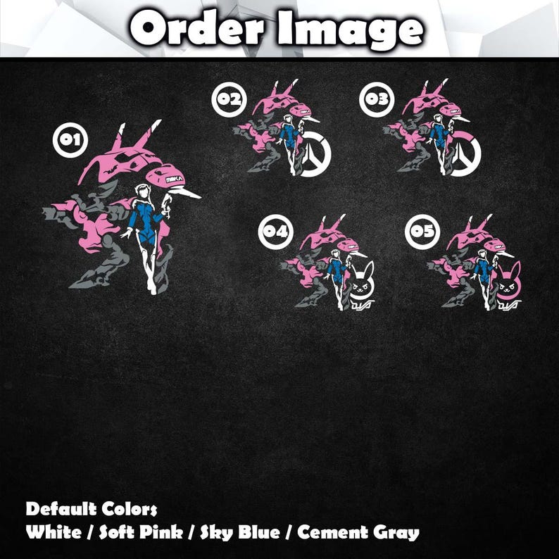 May include: Five vinyl decal designs featuring a character in a blue suit standing before a pink and gray mechanical figure. Each design is numbered 01 through 05, with variations including a circular logo, a rabbit icon, and text. Default colors are white, soft pink, sky blue, and cement gray.