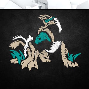 Puede incluir: Una ilustración estilizada de una criatura con un cuerpo beige y blanco y detalles en turquesa. La criatura tiene un cuello largo, una cabeza puntiaguda y una cola larga. Está de pie sobre sus patas traseras y tiene sus patas delanteras levantadas en el aire.