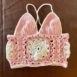 XXS / XS Crochet Corset Top - Cotton Candy Pink with White Daisies - Bikini Halter Crop Top - Festivals Concerts Raves - Extra Small