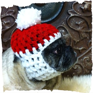 May include: A pug wearing a red and white crocheted hat with a white pom-pom. The hat covers the pug's head and ears, with a white band around the face. The pug has a black muzzle and is looking to the side.