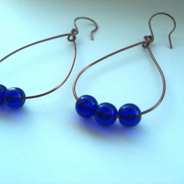 Copper Wire Teardrop Hoop Earrings with Navy Blue Glass Beads - Hand Forged