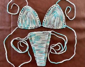 Small Cotton Cheeky Bikini Set - Handmade Crochet - Ocean Blues