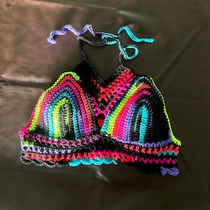 M / L Crochet Corset Top - Black and Neon Stripes - Bikini Halter Crop Top - Festivals Concerts - Medium Large