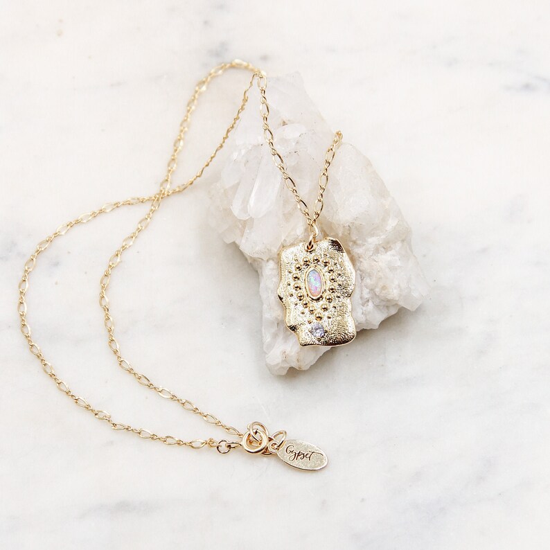 Around The Moon Opal Coin Necklace gold layers 14k gold fill gypsetco layering necklace