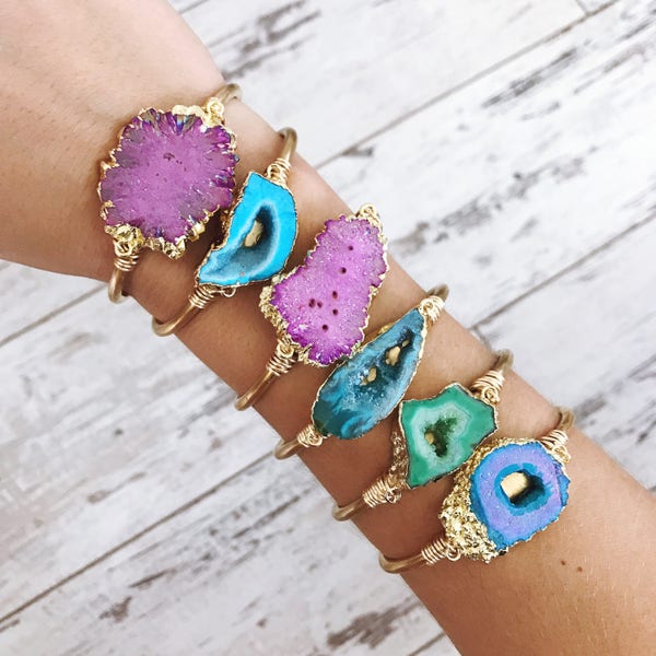 Mermaid Geode Cuff Bracelets, geode bracelet, raw geode, rainbow, cuff bracelet
