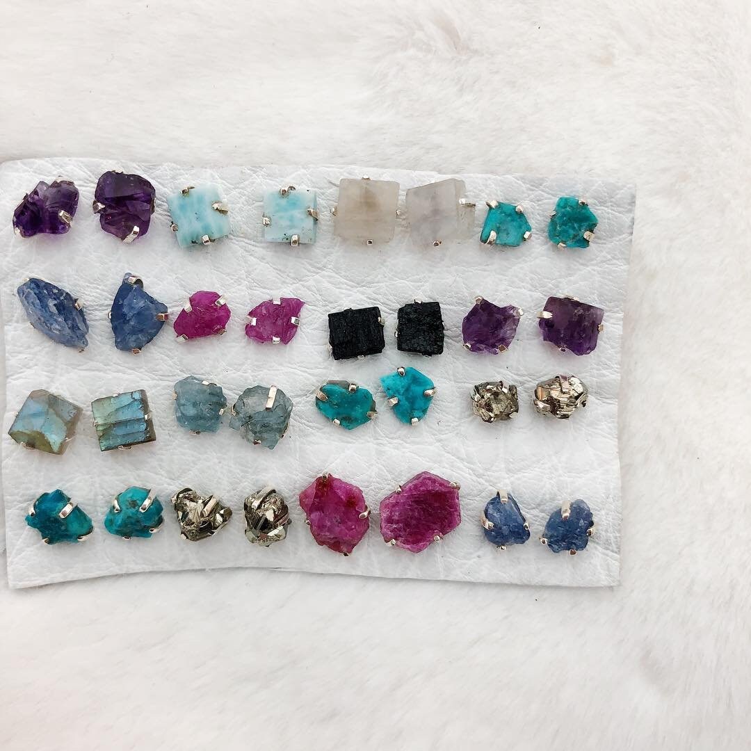Raw Gemstone Stud Earrings sterling silver earrings prong Etsy