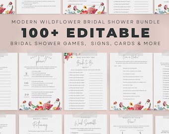 Bridal Shower Games and Sign Bundle, Wildflower Floral, Editable Bridal Shower Bingo, Games and Signs,  Printable Party, Instant Download