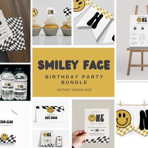 One Happy Dude - Editable Birthday Bundle, Birthday Invitation, Welcome sign, Birthday Banner, Milestone, Happy Face First Birthday, OHD1