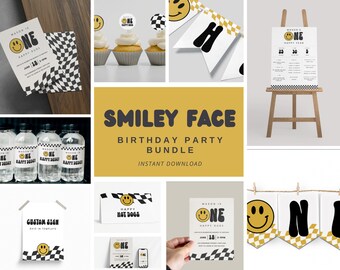 One Happy Dude - Editable Birthday Bundle, Birthday Invitation, Welcome sign, Birthday Banner, Milestone, Happy Face First Birthday, OHD1