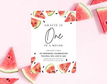 Watermelon Invitation: One in a Melon - Party Invite, Birthday Invitation, Editable Invite, Customizable Template, Printable Mobile Invite