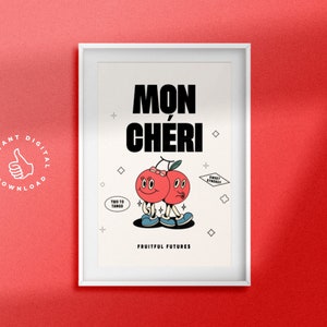 Mon Chéri (Cherry) Retro Wall Decor - Digital Download Print, Retro Cartoon, Vintage Mascot Art, 70s Home Decor Poster Art-Trendy