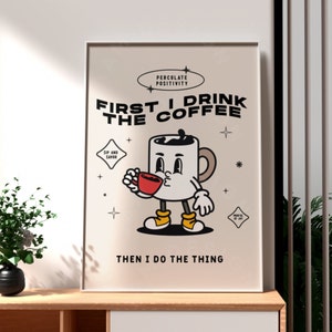 Retro Cytat Wydruk Ścienny: Kawa Najpierw, Pobieranie Cyfrowe, Retro Dekoracja Ścienna, Duża Sztuka Do Wydruku, Cytat Postaci Retro, Plakat Do Wystroju Domu Z Lat 70