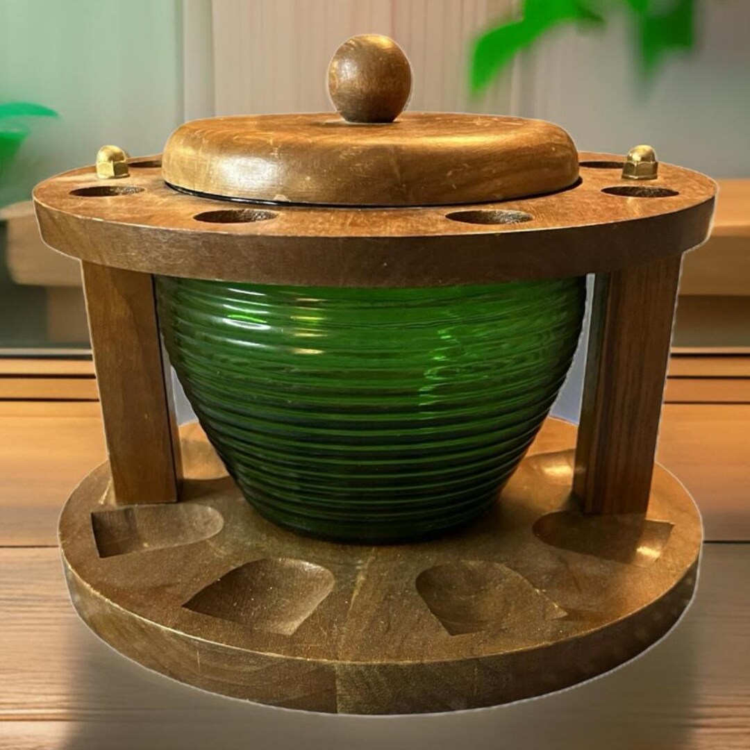 Vtg MCM MOD Humidor Wood Pipe Rack With Green Glass Ashtray - Etsy