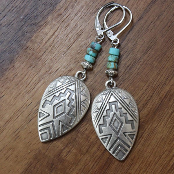 Brincos de prata turquesa, brincos pendentes, brincos boho, joias boho, brincos estilo sudoeste, joias ocidentais