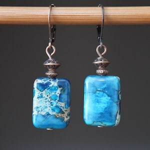 Blue Earrings, Dangle Earrings, Drop Earrings, Jasper Earrings, Sea Sediment Earrings, Blue Jewelry