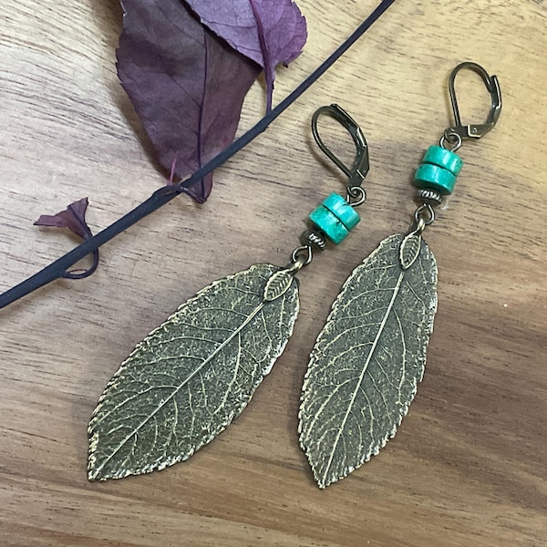 Long Green Howlite & Leaf Earrings,  Antique Brass Boho Jewelry