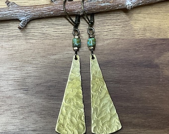 Hammered Brass Dangle Earrings, Czech Glass Jewelry, Long Statement Boho Jewelry