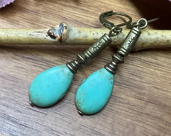 Turkosa örhängen, bohemiska örhängen, hängande örhängen, droppformade örhängen, bohemiska smycken, bohemiska örhängen, present till kvinnor