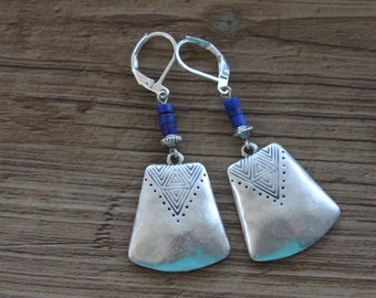 Lapis Silver Earrings, Dangle Boho Earrings, Drop, Lapis Lazuli, Blue, Boho,Jewelry, Bohemian, Ethnic, Rustic, Gift for women