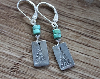 Genuine Turquoise Sterling Silver Earrings, Dangle, Drop, Small, Boho Earrings, Hand Stamped, Southwest, Gift for her, Gift For women